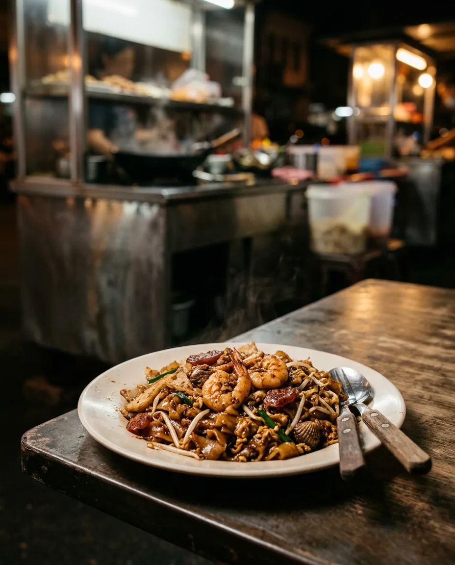 Wok-fried flat noodles with prawns on a ceramic plate at a hawker stall