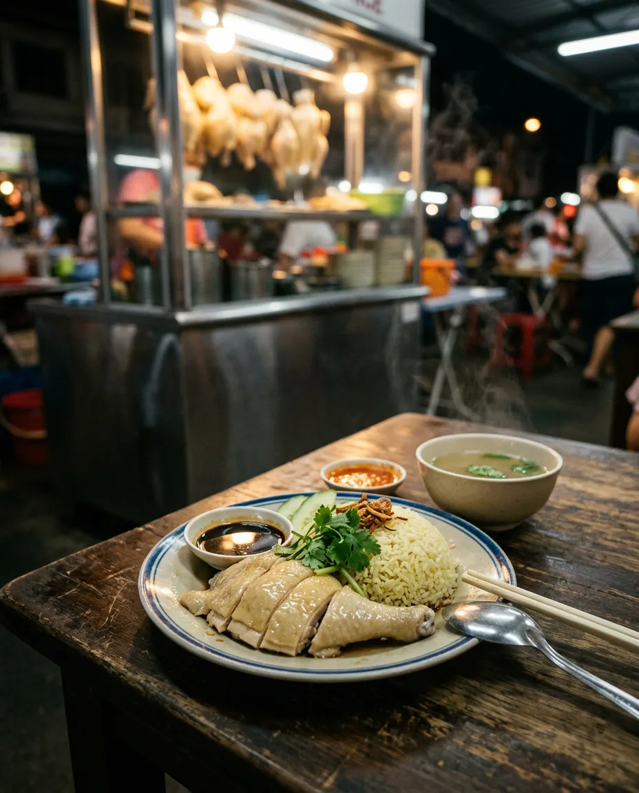 Sliced chicken and fragrant rice with soup and chilli sauce