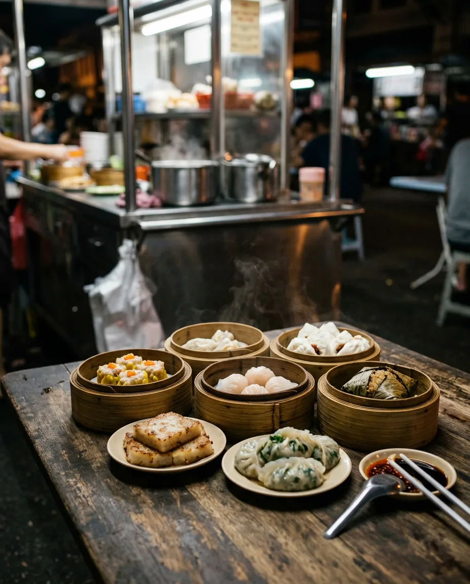 Bamboo baskets of dumplings and buns on a wooden hawker table