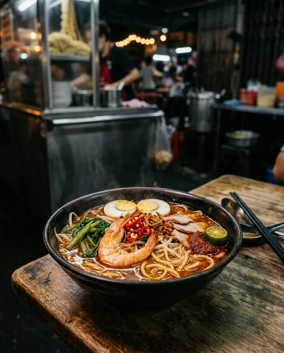 Prawn noodle soup with egg, greens and chilli in a dark bowl