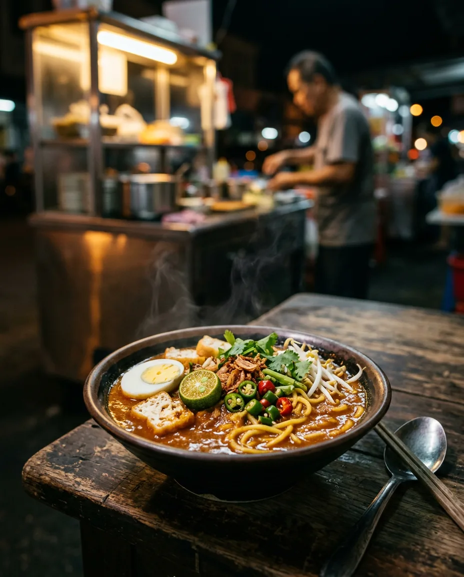 Jawa noodles in thick gravy with egg, lime and tofu