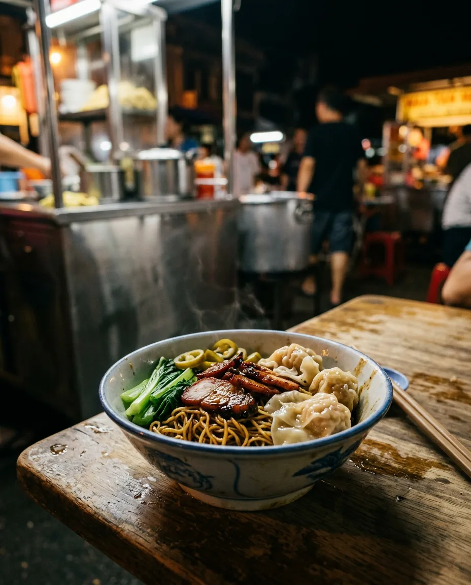 Wonton noodles with sliced meat, greens and dumplings